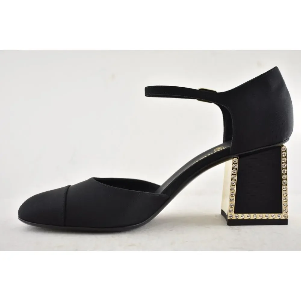 Chanel 24B Black Crystal CC Logo Gold Mary Jane Ankle Strap Block Heel Pumps 40 - Picture 14 of 16